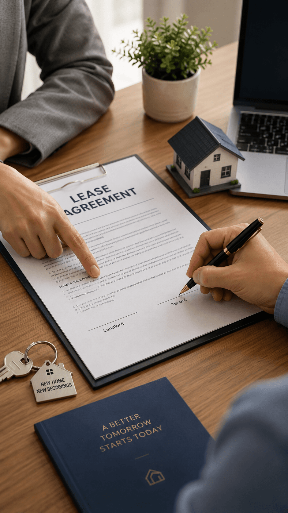 A landlord pointing to a clause on a lease agreement while a tenant signs it, with keys and a model house on the desk